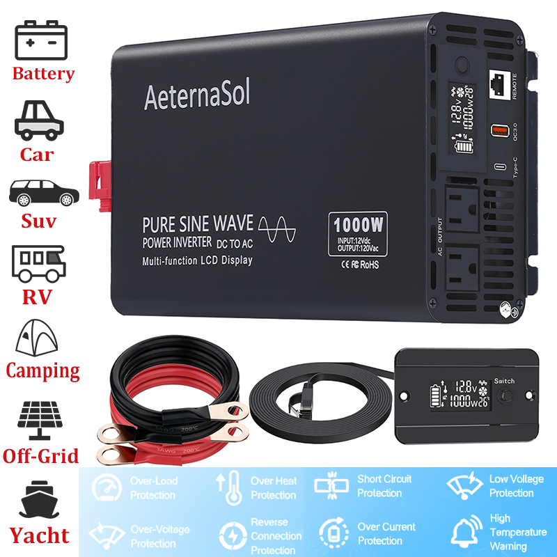 1000W 2000W Pure Sine Wave Power Inverter 12V to 110V 120V Converter Off Grid RV