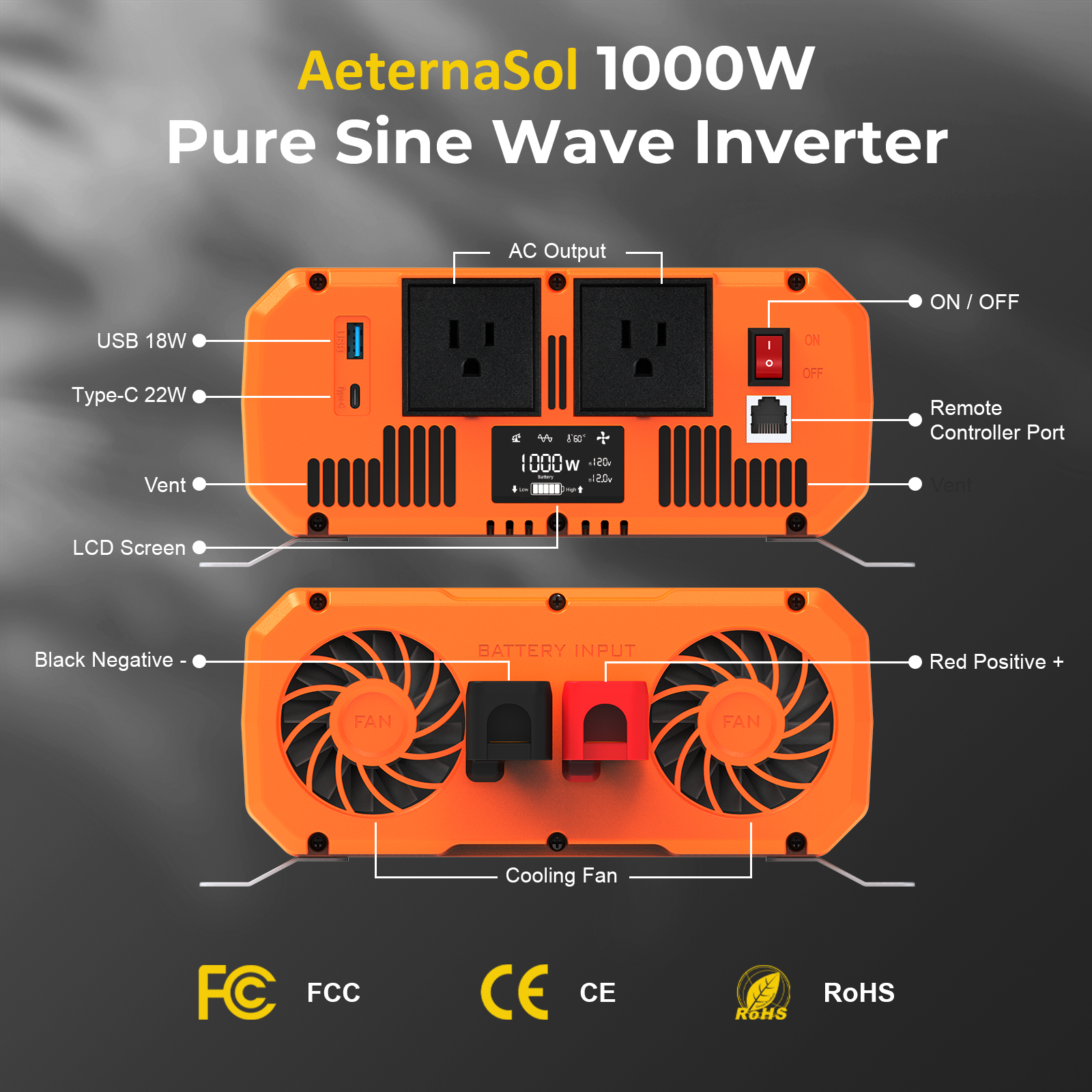 Pure Sine Wave Power Inverter 1000W 1500W 2000W 3000W DC 12V to 110V120V 3AC US