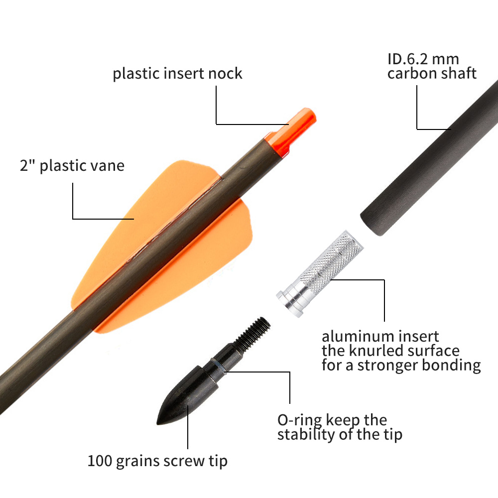 12 Flèches Carbone TOPARCHERY – Spine 350 – 15" – OD 7.5mm – Chasse à L'arc