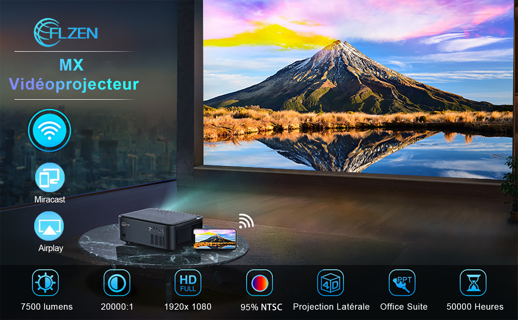 Vidéoprojecteur Flzen 7500 Lumens 1080P FULL HD Vidéoprojecteur