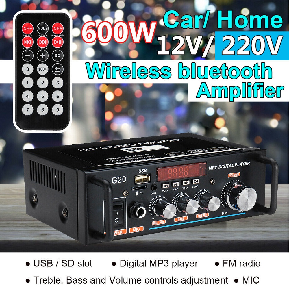 600W Digital HiFi bluetooth Audio Stereo Amplifier Amp USB//FM//SD//Mic Home /& Car