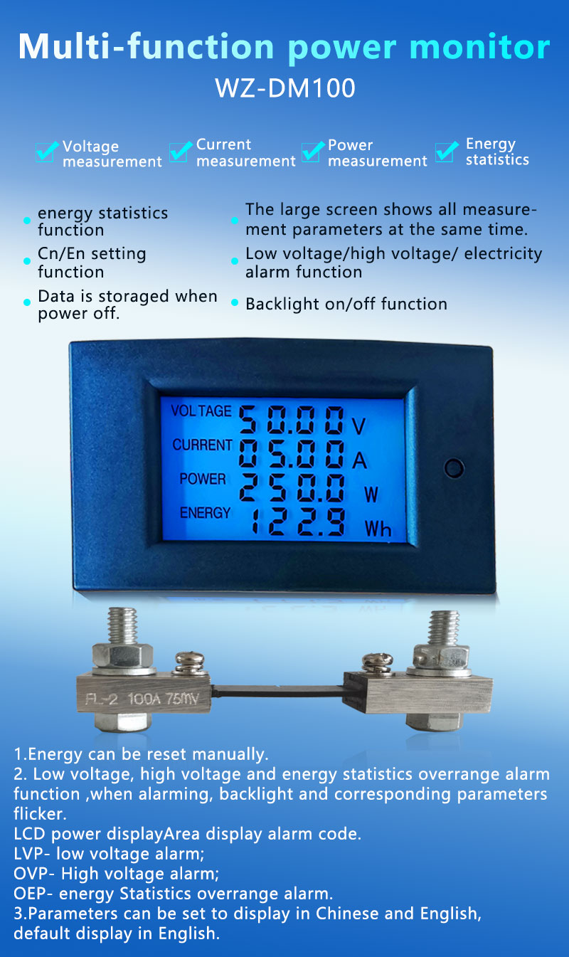 Digital LCD Display 100V/100A DC Voltage Current Power Energy Monitor