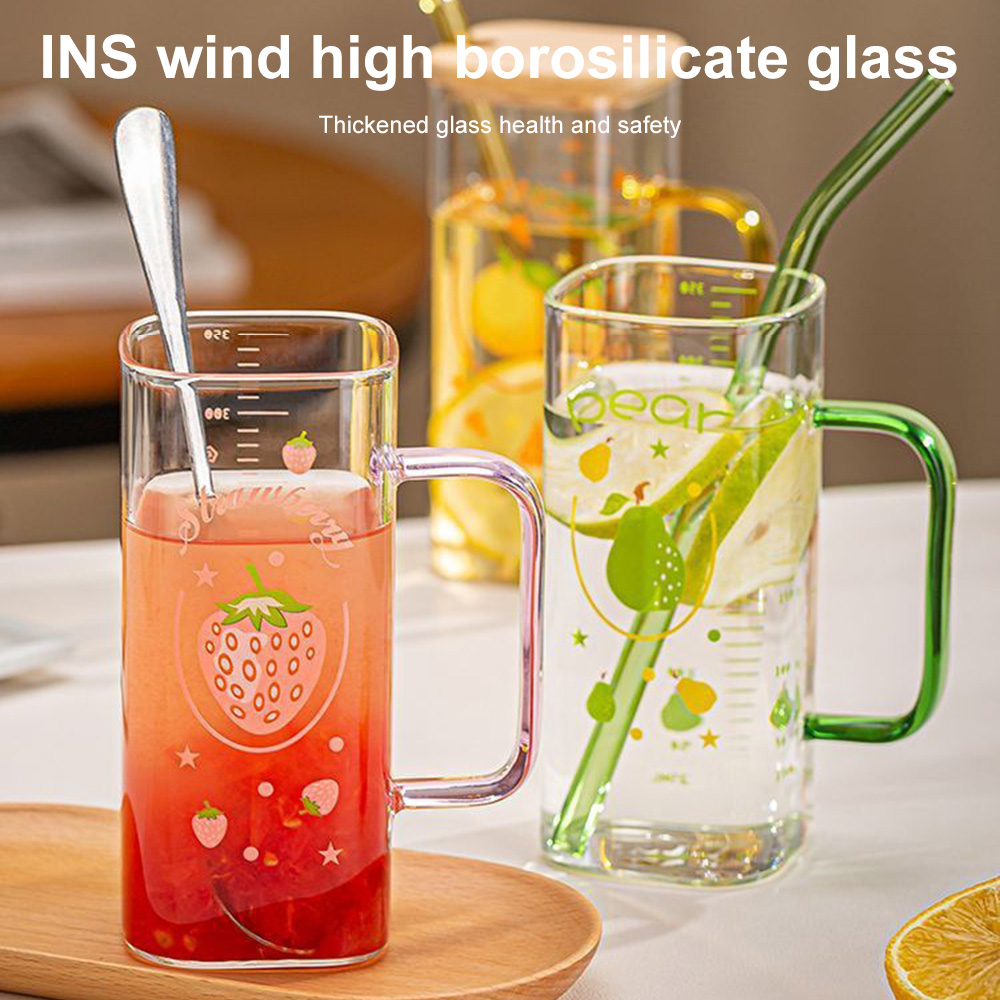 350ML Square Glass Cup with Bamboo Lid & Straw Heat Resistant Milk