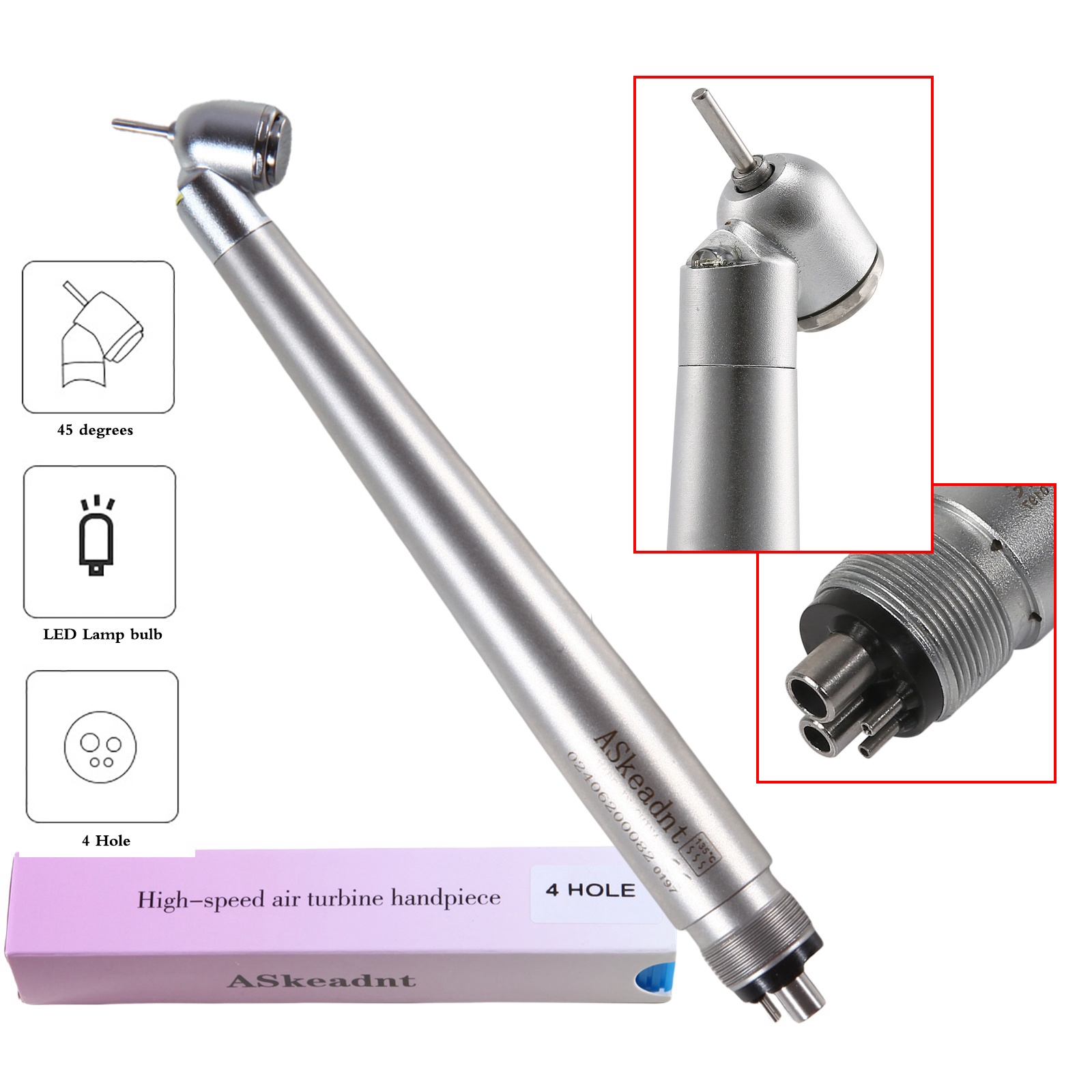 Dental Surgical Handpiece 45 Degree High Speed 4 Hole LED Reverse Air NSK Style