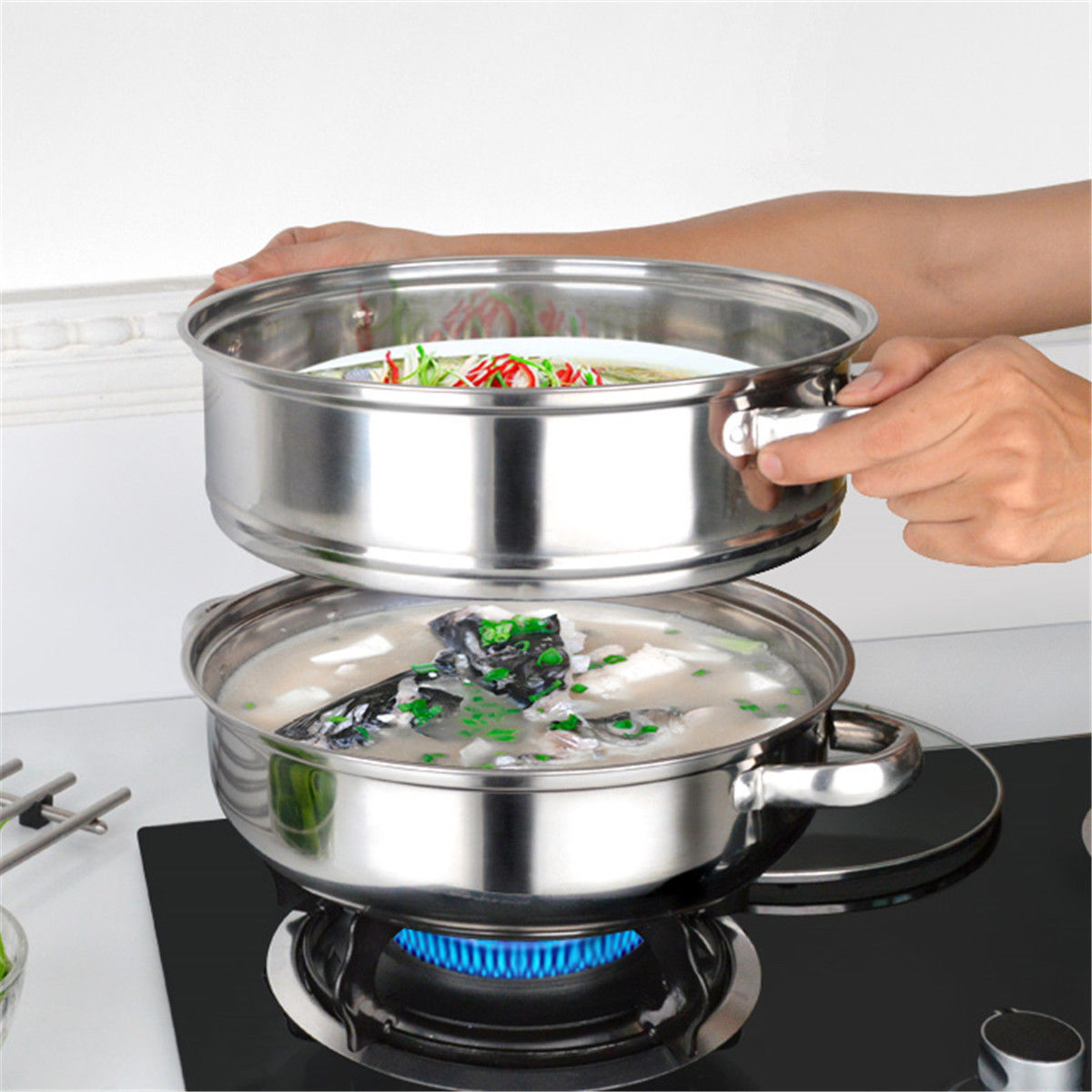 4 Tier Stainless Steel Food Steamer Set Induction Hob Cookware Steam