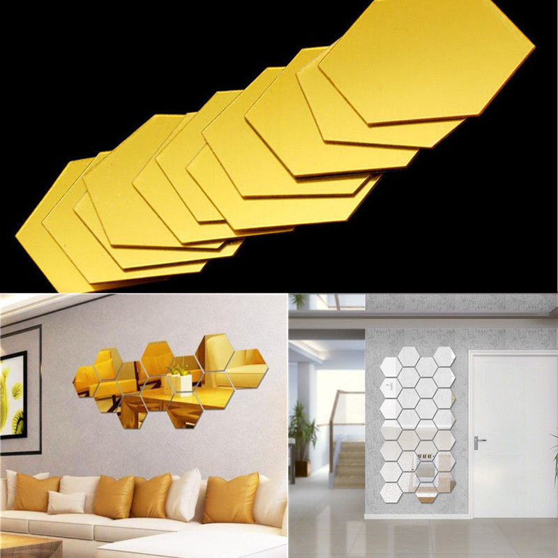 Details About 12pcs Hexagonal Wall Sticker 3d Mirror Tile Decal Home Art Decor Removable