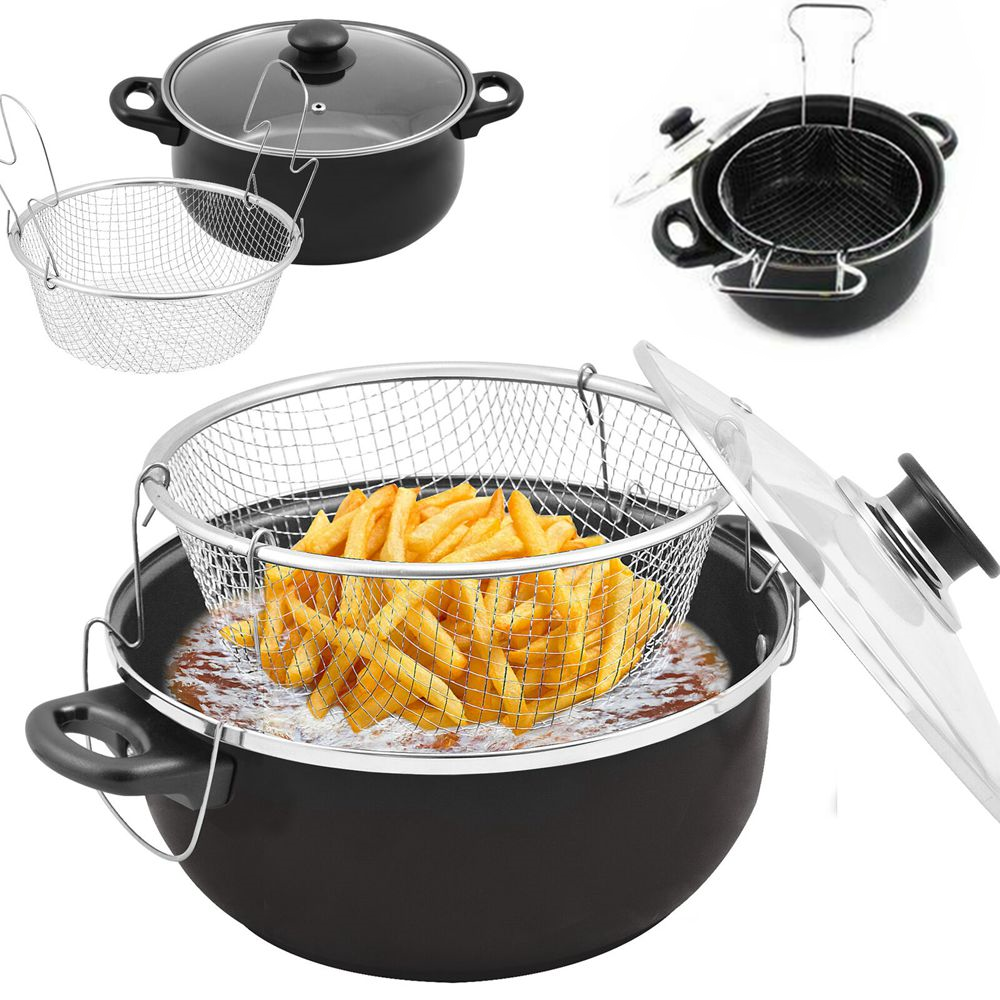 24cm Non Stick Chip Pan Black Deep Fat Fryer Set Cooking Pot Frying Basket & Lid 