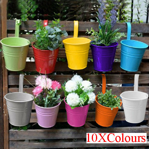 10 Metal Flower Pot Color Balcony Garden Wall Fence Hanging Plant Planter 8x10cm Ebay