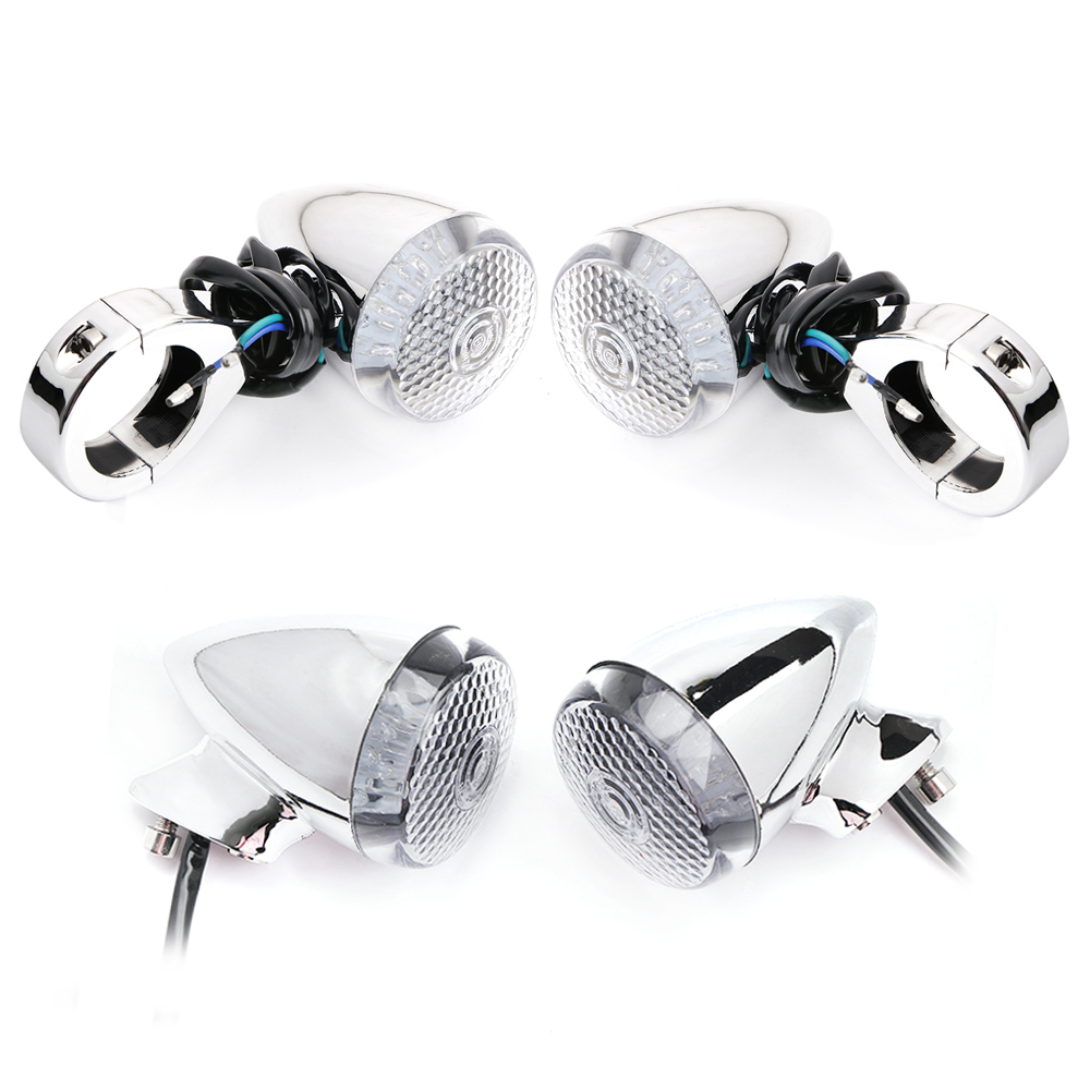 4x 41mm Motorcycle Turn Signal Fork Clamp Lights - Chrome/Black - Front & Rear For Harley