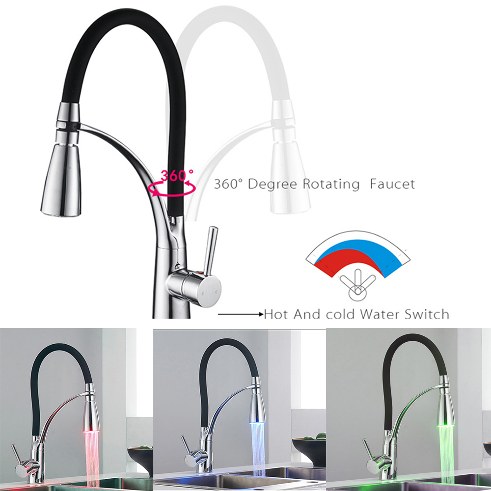LED Kitchen Taps Pull Out Spray Basin Mixer Sink Tap Chrome Black
