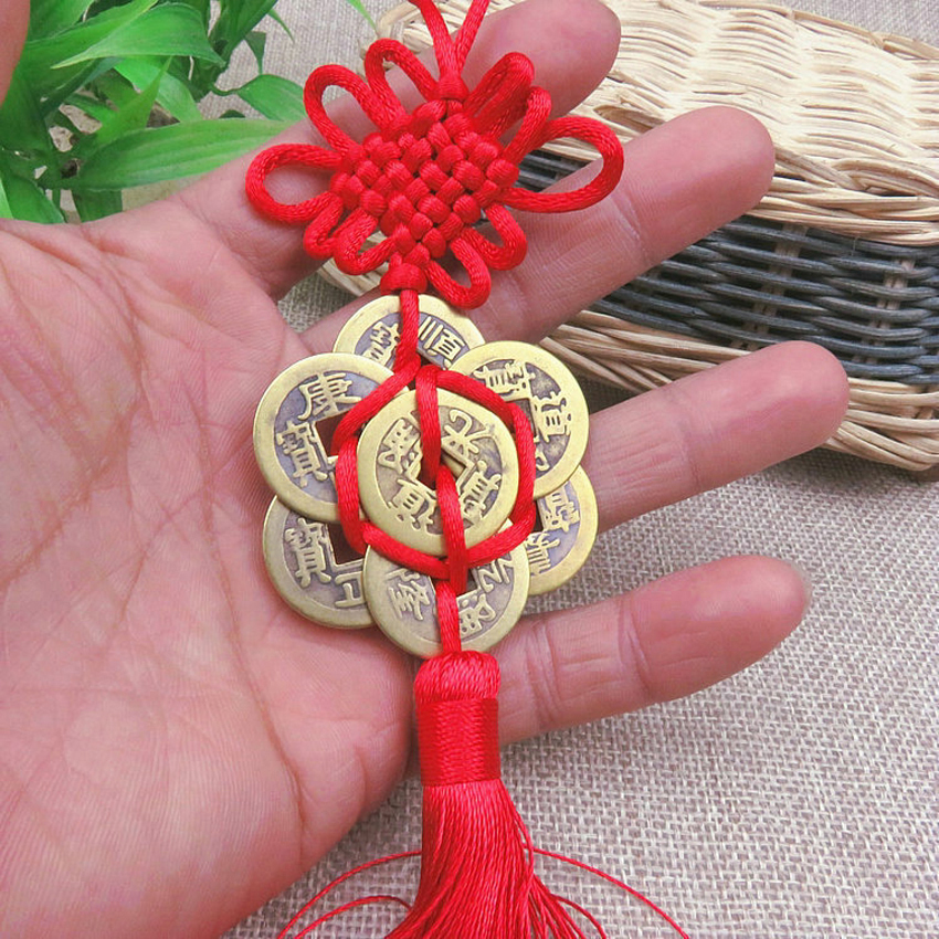 Chinese Wealth Copper Coin Chinese Knot Red Rope Feng Shui Lucky Car ...