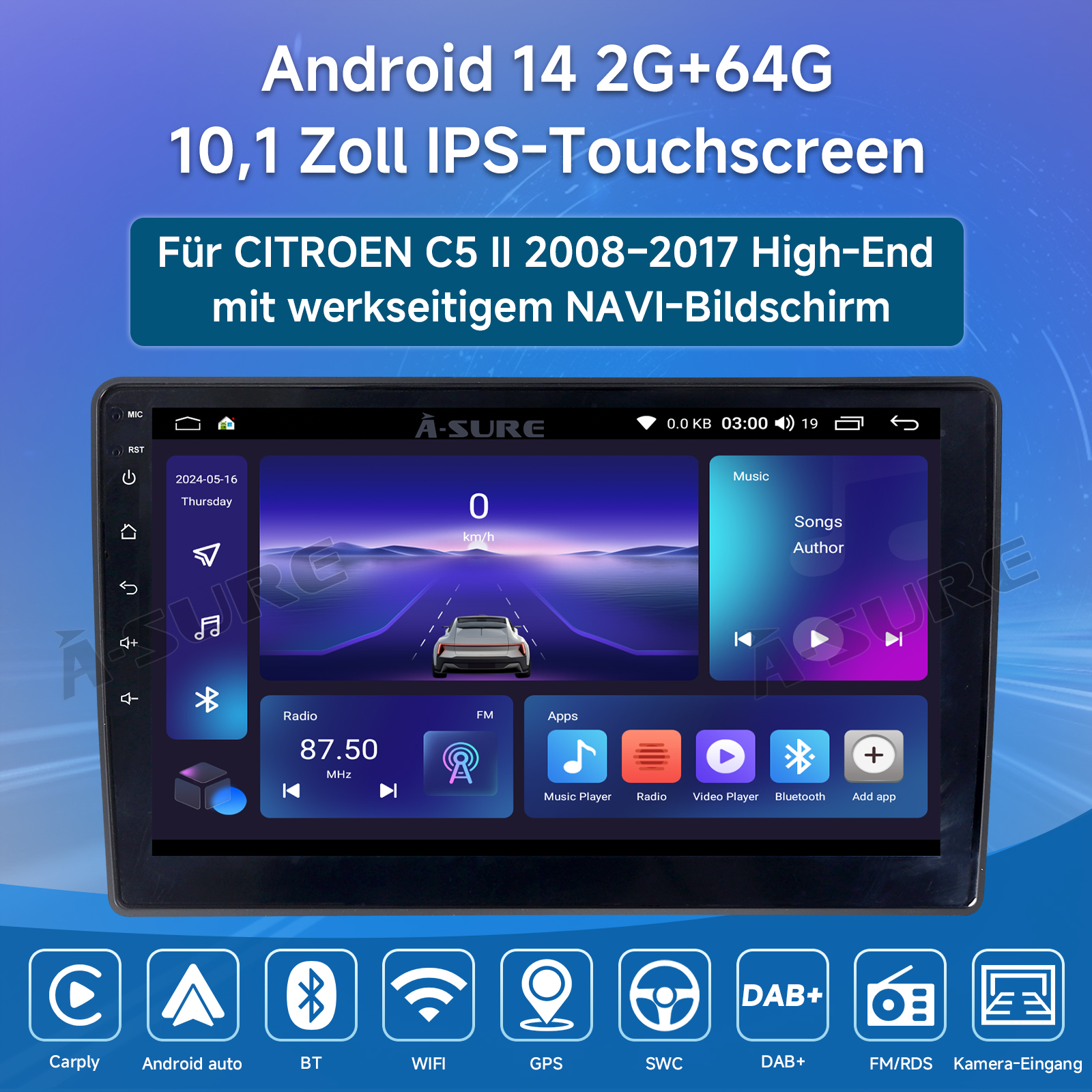 Android 11 Autoradio Mit Navi Für Citroen C5 2008-2017 10 Zoll Touch 2 Din Android Auto Bluetooth Radio Mit Display Rückfahrkamera USB WiFi Mirror