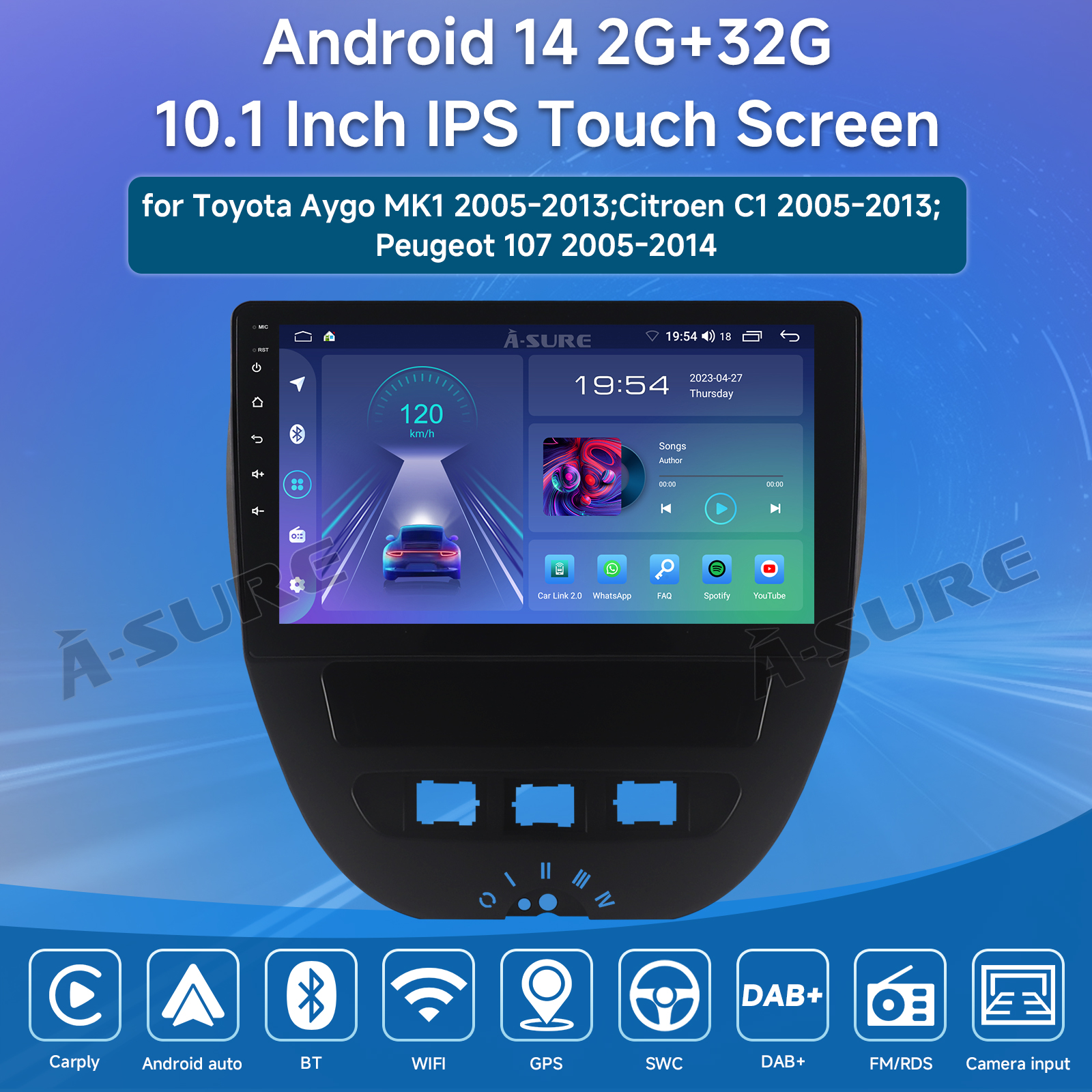 Autoradio Android 15 Pour Toyota Aygo/Peugeot 107/Citroën C1 2004-2014 - 10.1 Pouces, CarPlay/Android Auto, 4G+64G