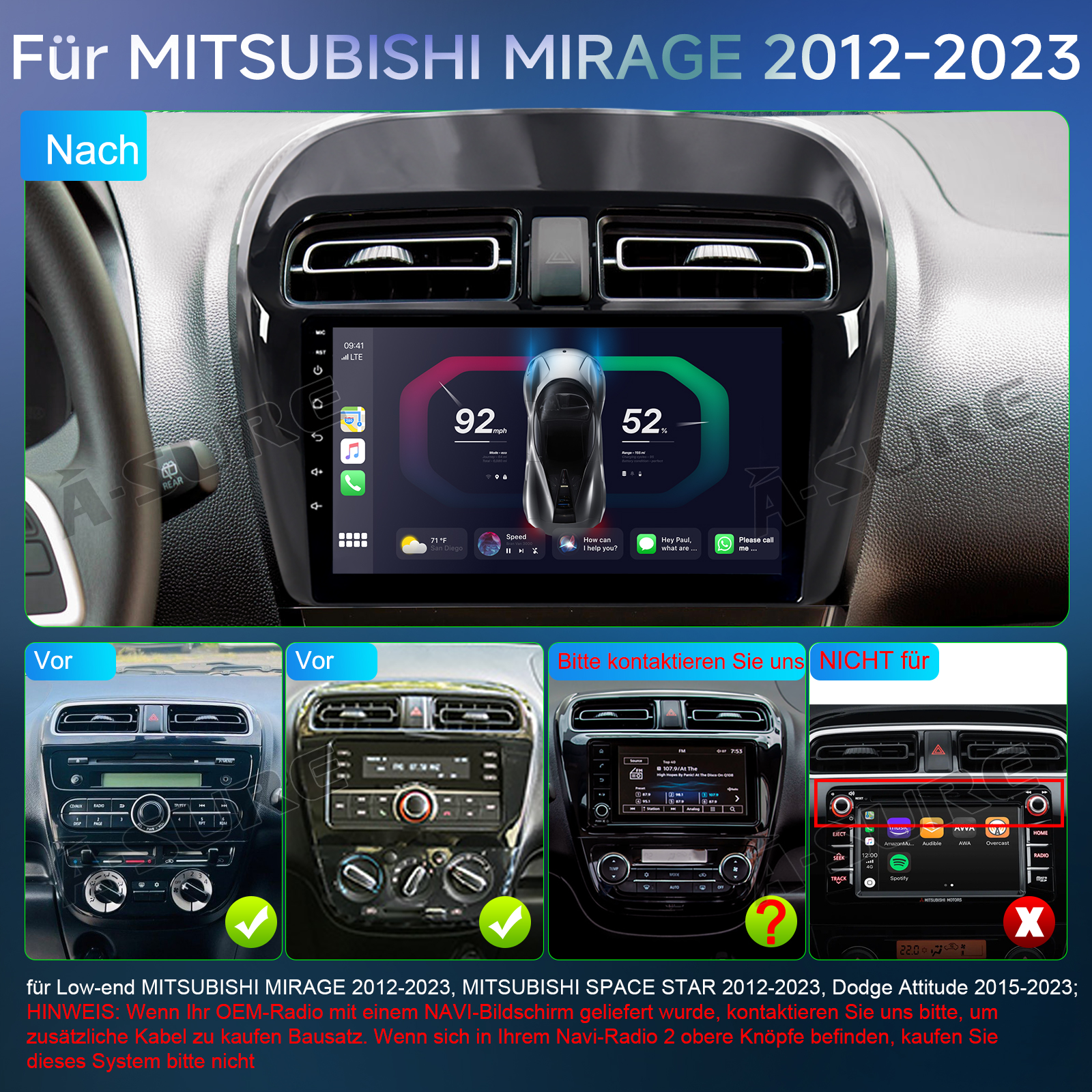 Surakey Android 14 Autoradio Für Mitsubishi Mirage 2012-2019 - 9 Zoll Mit Wireless CarPlay & Android Auto
