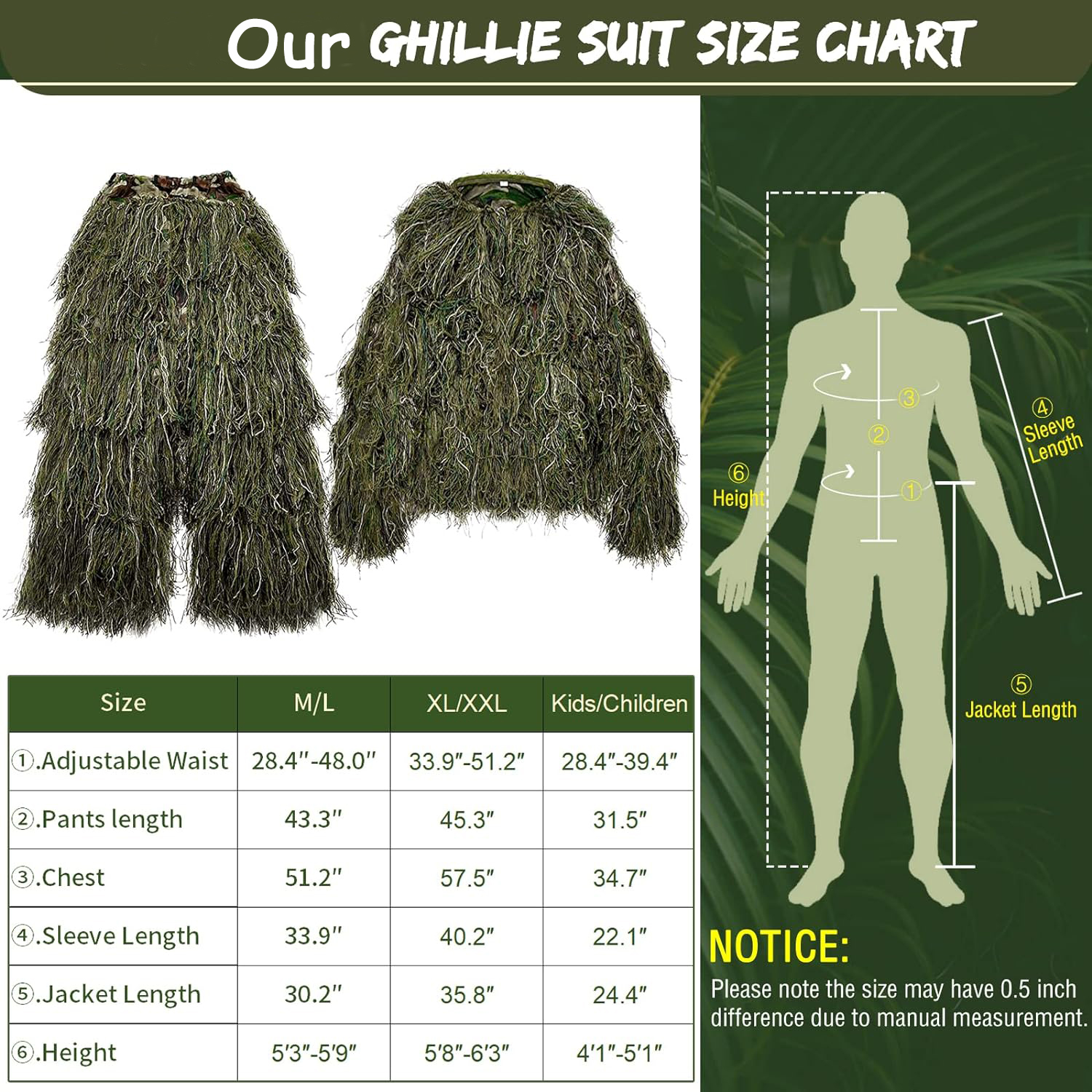 NAIZEA Ghillie Suits, Adult Youth Sizes Woodland Gilly Suit Hooded