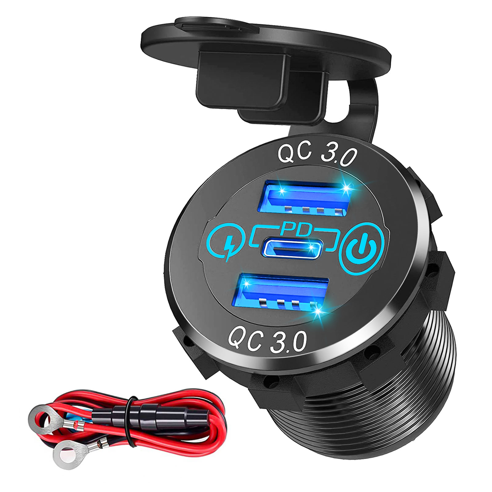 12V-24V Dual USB QC 3.0 + PD Car Fast Charger Socket Power Outlet LED Waterproof