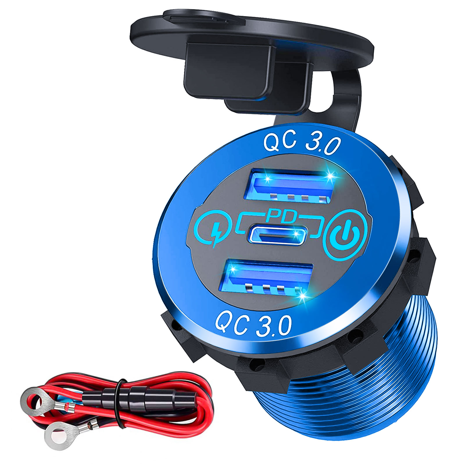 12V-24V Dual USB QC 3.0 + PD Car Fast Charger Socket Power Outlet LED Waterproof