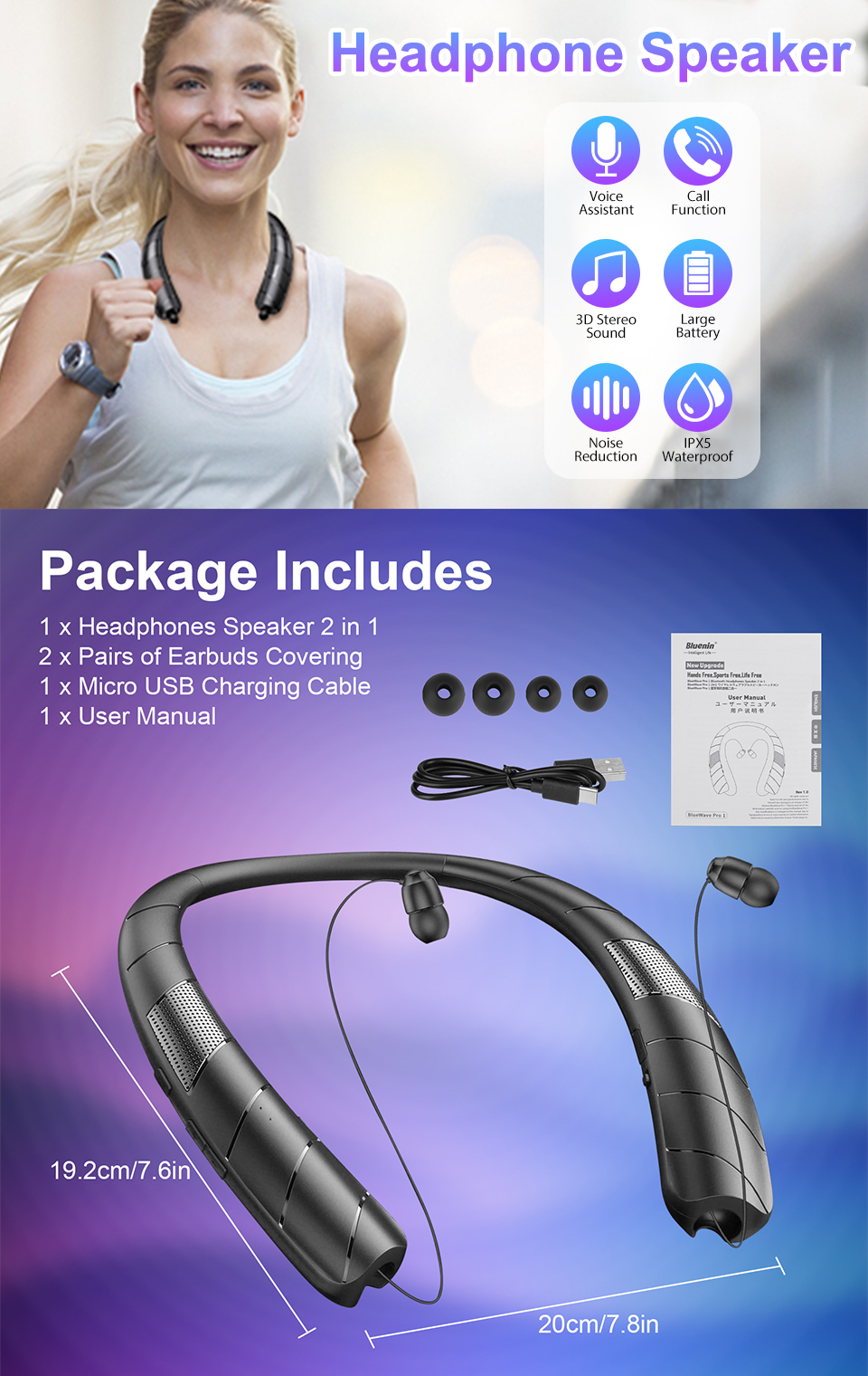 Neckband Bluetooth Headphones Speaker 2 In 1Wireless Wearable Speaker With Retractable Earbuds, 3D Stereo Sound, Portable Speaker And Headset W/Bulit In Mic For Home, Office And Outdoors