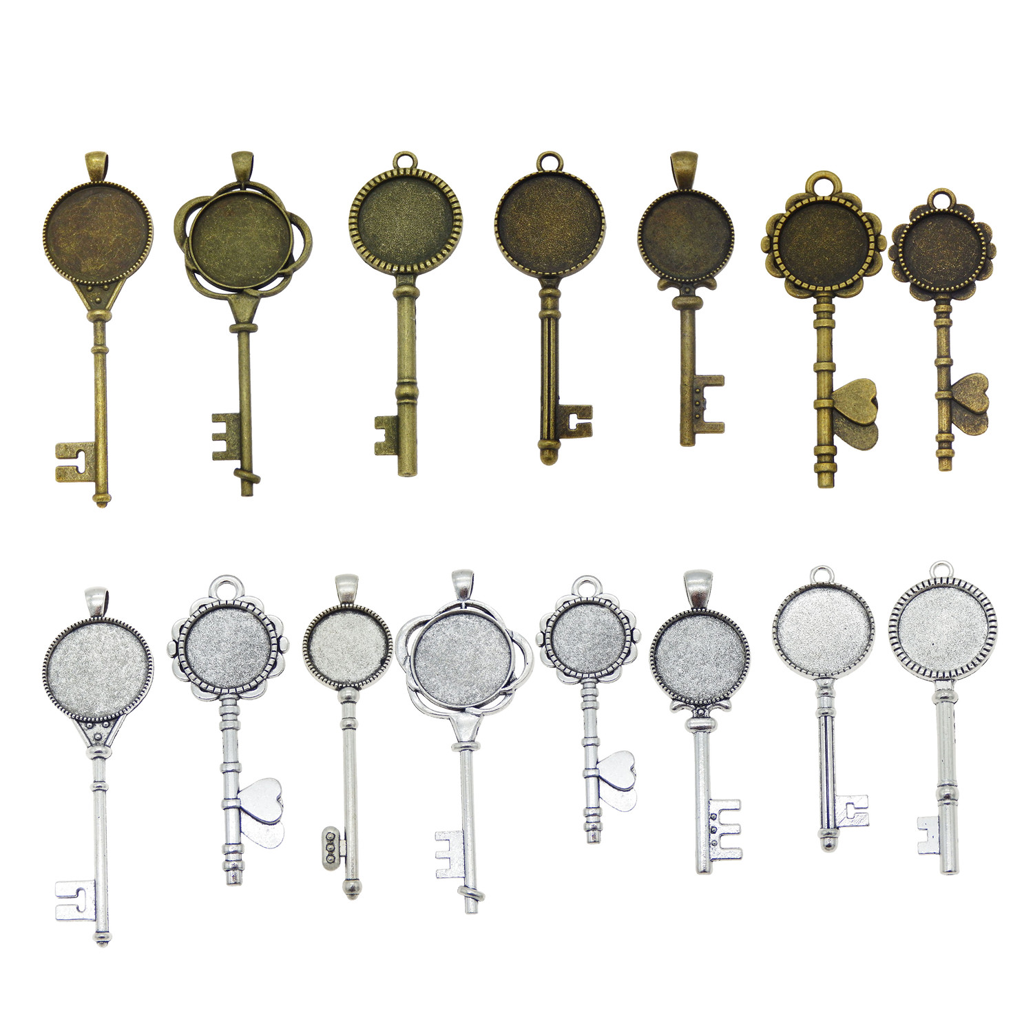 12 Pcs Assorted Antiqued Silver Skeleton Key Setting Pendant Tray Bezel Blanks for Jewelry Making 