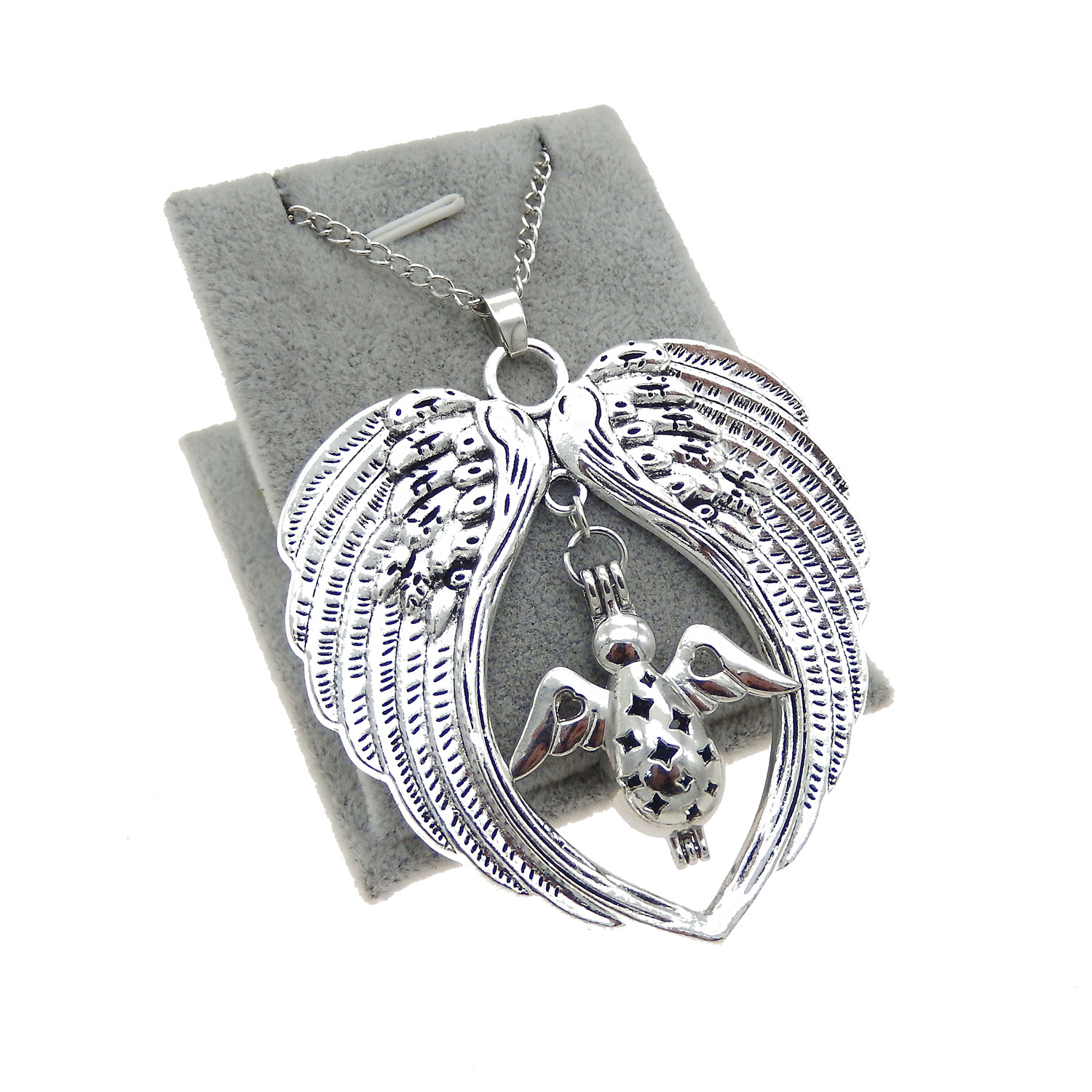1 x Silver Alloy Winged Heart Dangle Pendant Angel Locket Necklace Jewelry Gifts