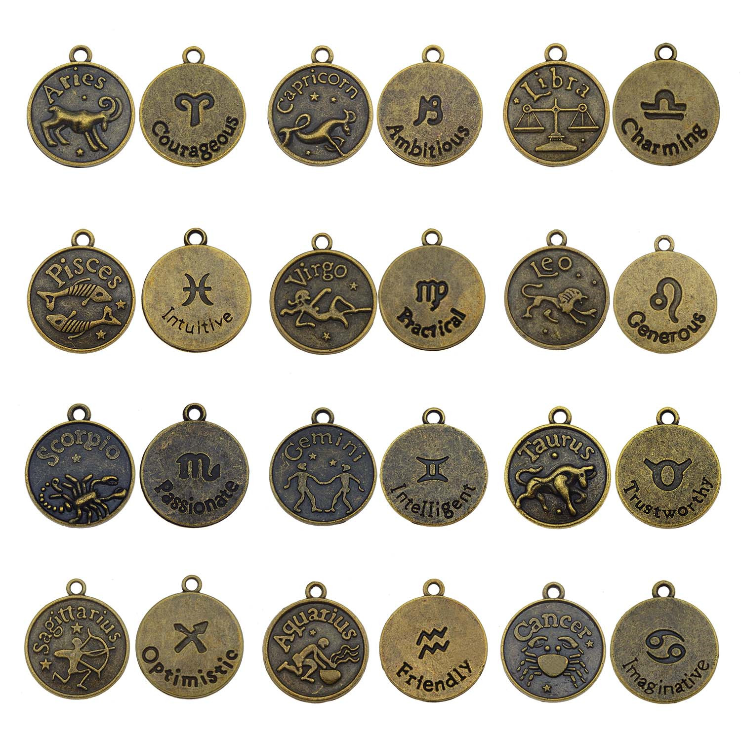 12pcs 1 set Assorted Antiqued bronze Zodiac charms twelve constellations Metal