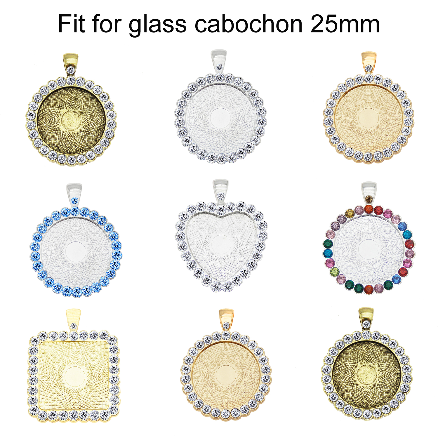 GraceAngie 15 Sets Mixed Setting Tray Pendant with Glass Cabochons With 15 Pcs Chains for Necklace Jewelry Making