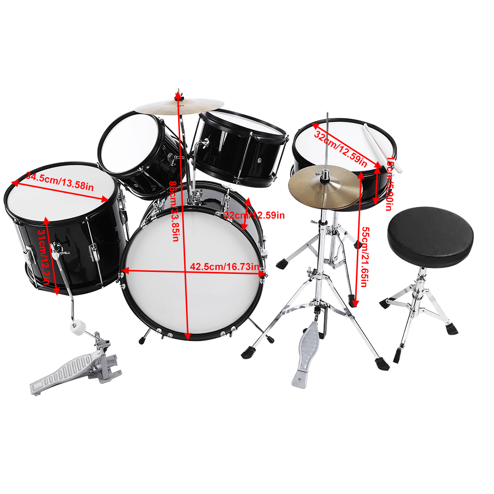 5 Piece Drum Kit FULL SIZE Complete Set Stool Cymbals Drums Sticks