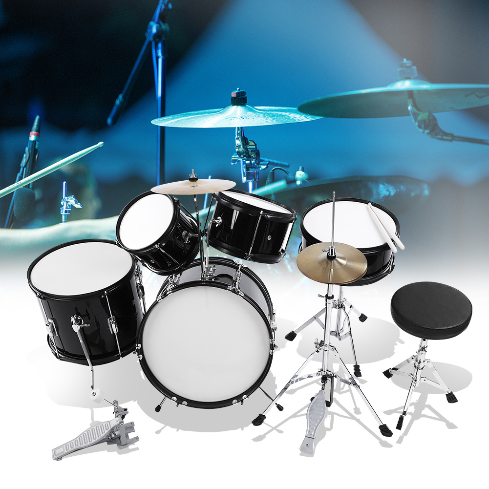 5 Piece Complete Drum Set Cymbals Kids Full Size Kit with Drum Stool
