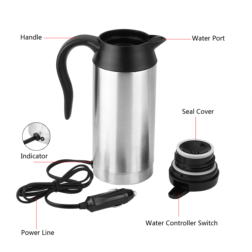 12V Portable Steel Electric Heating Cup Boil Water Kettle Travel Maker