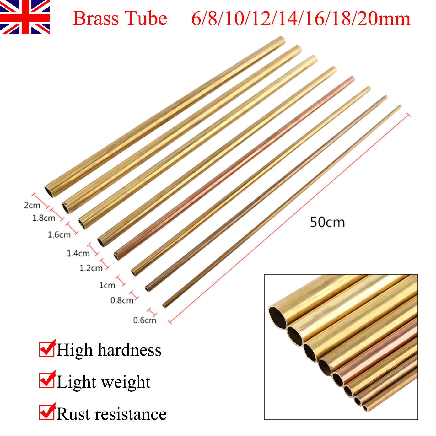 Outer Dia 10mm 12mm 14mm 16mm 18mm 20mm 6mm 6mm Brass Tube 8mm Brass Tubing Round Length 50cm Model Making