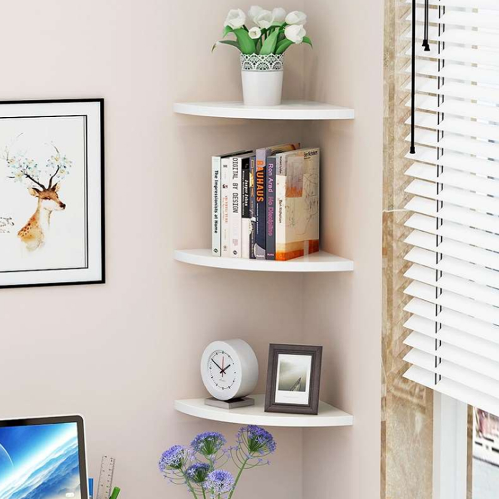 3 Floating Curved Radial Corner Wall Shelves Storage Shelf White Home