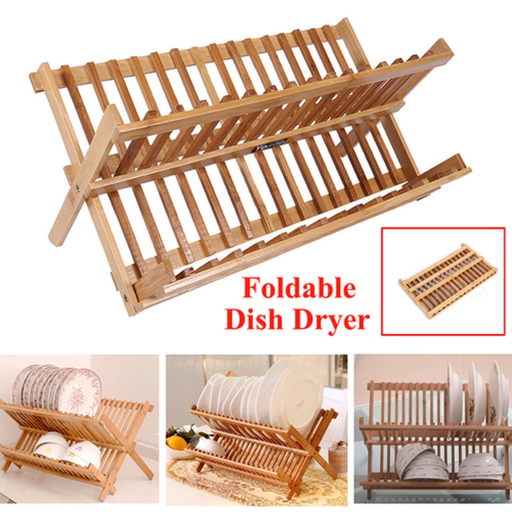 Foldable Bamboo Dish Drying Rack Plate Cup Drainer Tray Utensil Cutlery
