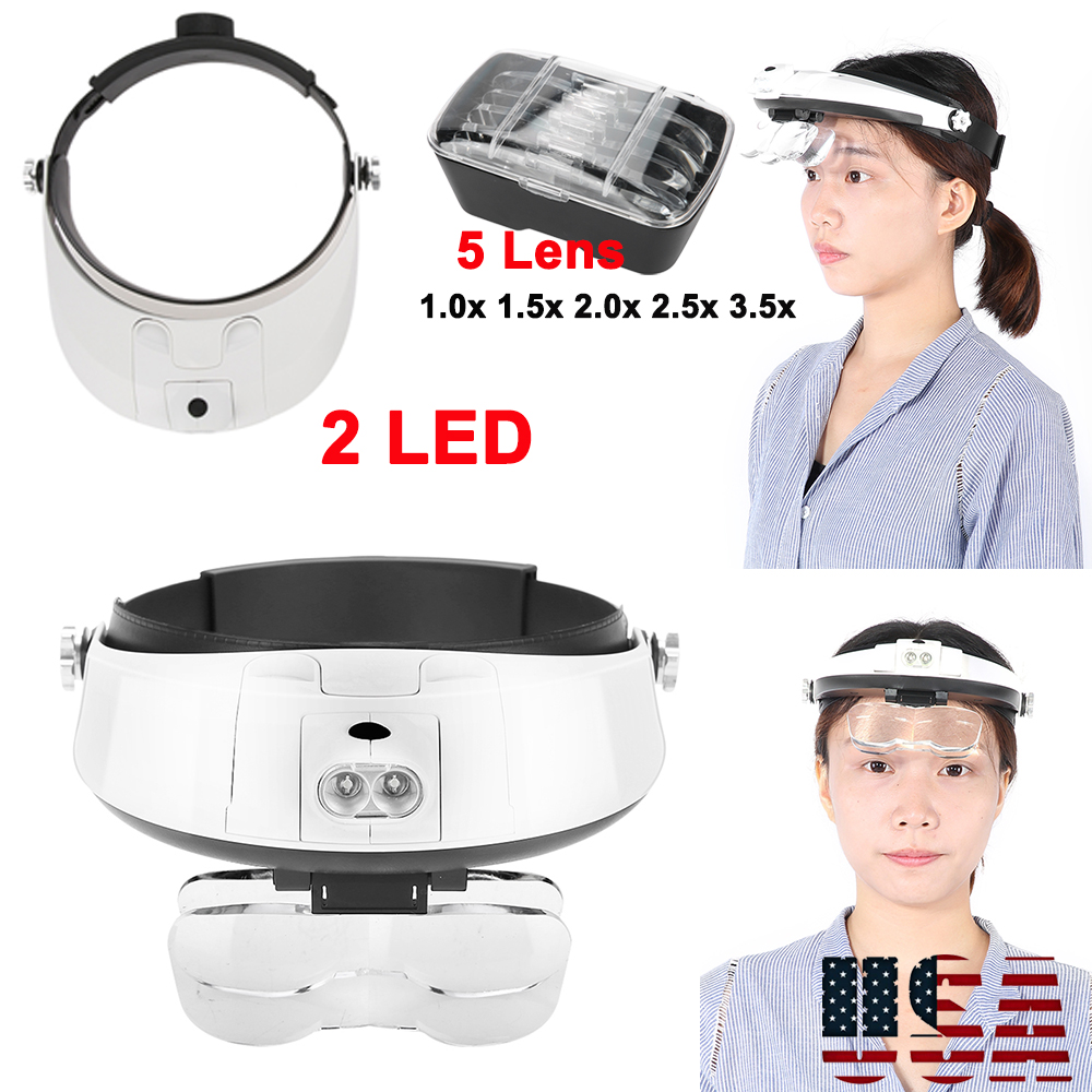 2 Led Headband Headset Head Lamp Light Jeweler Magnifier