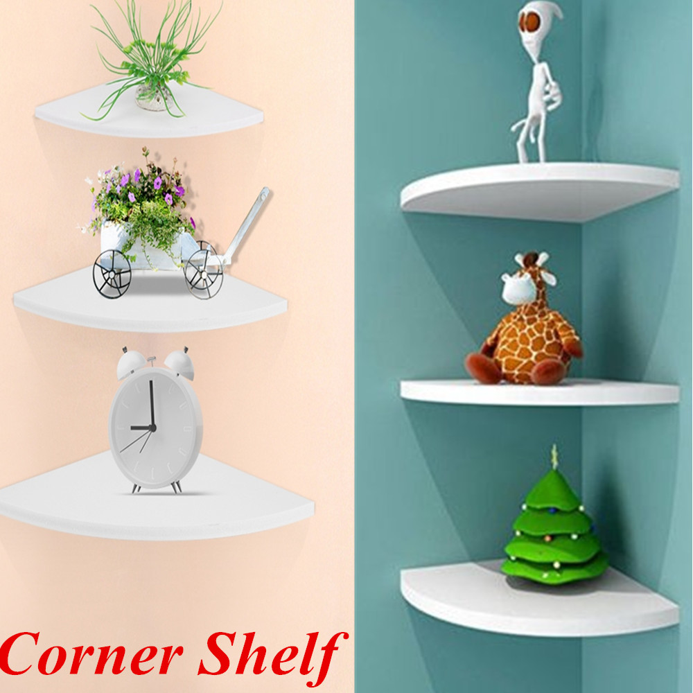 Set Of 3 White Floating Wall Corner Shelves Shelf Unit Storage