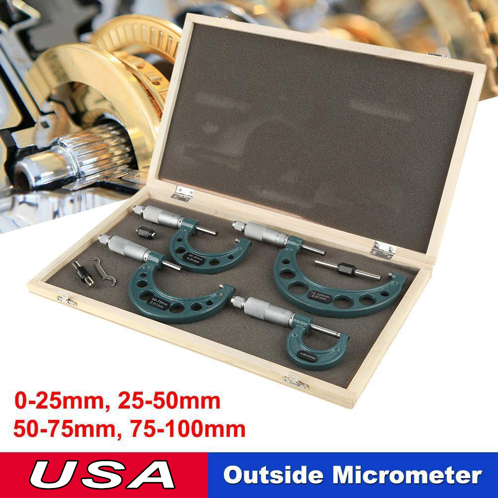4Pcs 0-100mm/0.01mm Metric Outside Micrometer Set Machinist Tool Carbide Tips