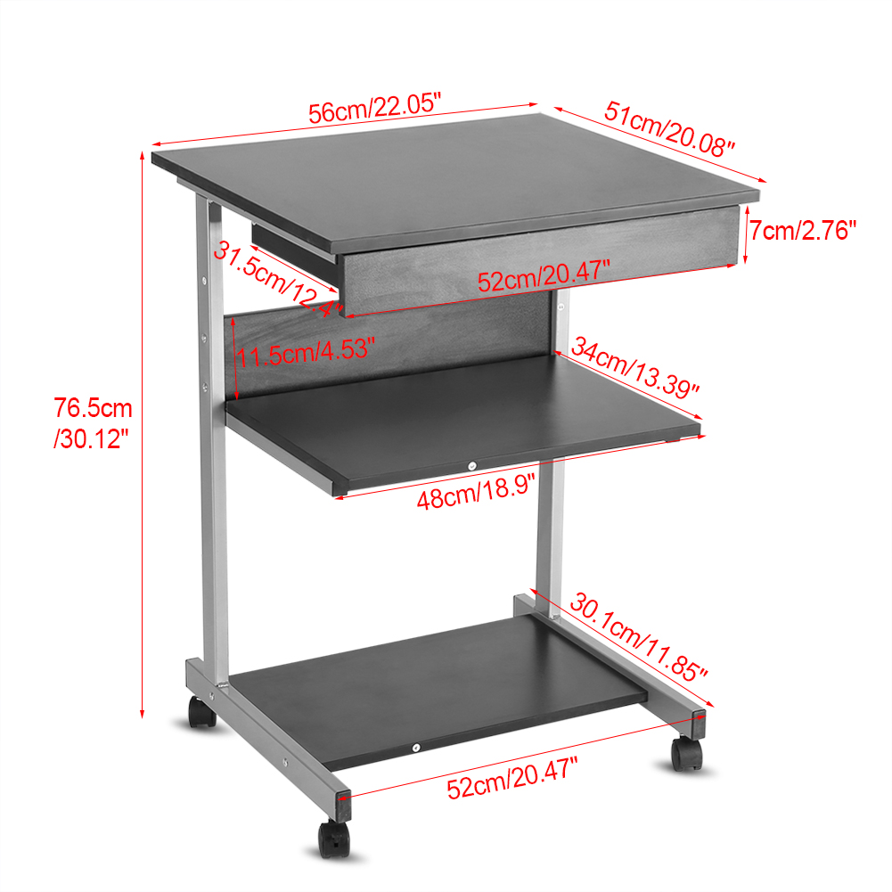 Mobile Computer Desk Tower Printer Shelf Laptop Rolling Table Study