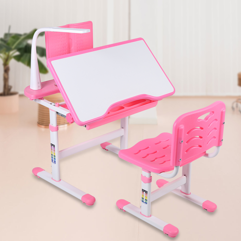 Children Kids Study Table Desk Chair Set With Led Lamp Height