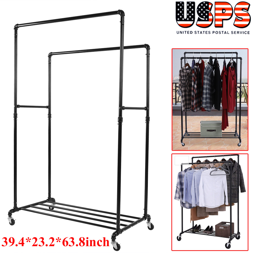 Double Rail Clothes Shoes Storage Hanger Rolling Garment Coat