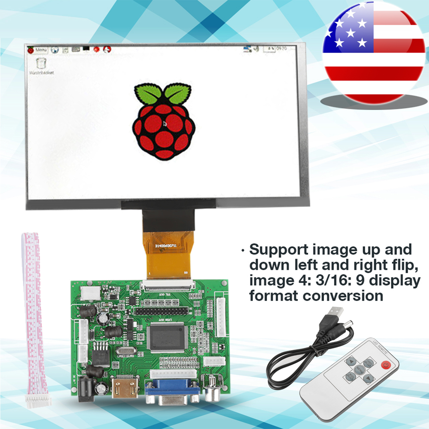 1pc 7 inch Raspberry Pi 3//2 LCD TFT Display 1024*600 HDMI VGA Monitor Screen Kit
