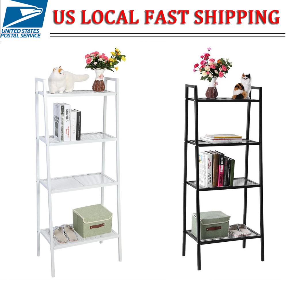 4-Tier Bookcase Bookshelf Leaning Wall Shelf Shelving Ladder Storage Display US