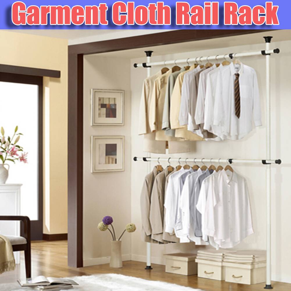 Heavy Duty Movable Garment Rail DIY Coat Hanger Clothes Wardrobe 3 Poles 4 Bars
