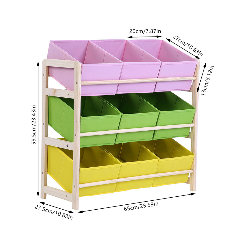 3 Tier Kids Toy Storage Organizer 9 Cloth Bins Wood Frame Toy Box ...