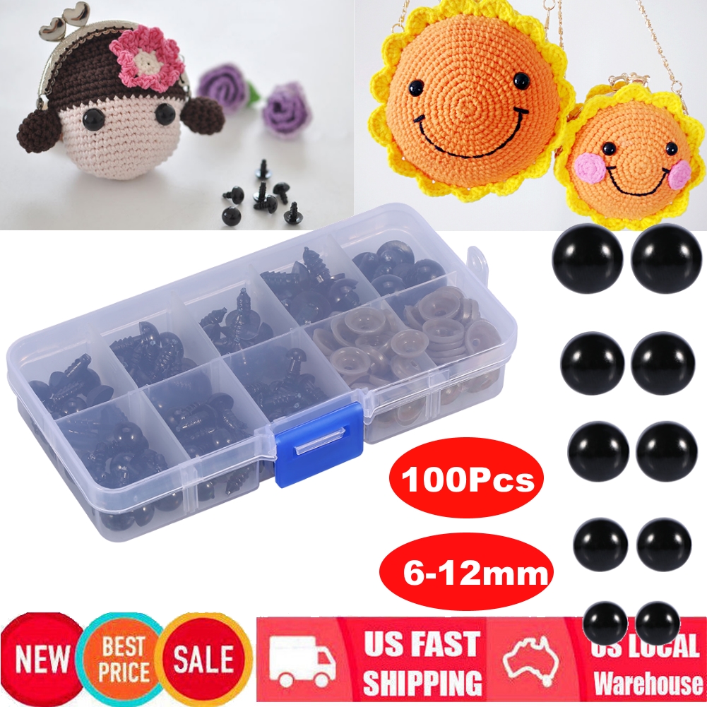 6-12mm Black Plastic Safety Eyes Noses with Washers for Puppet Bear Doll Animal Stuffed Toys DIY Sewing Craft 100pcs 1 Box