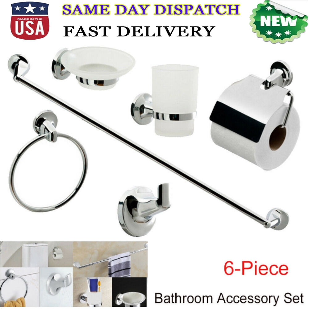 6pcs Wall Mount Bathroom Toilet Accessory Set Towel Rack Toothbrush Paper Holder
