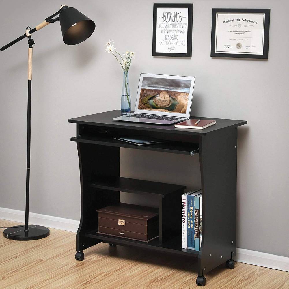 Black Computer Desk Home Office PC Table Workstation w// Storage Shelves Unit UK
