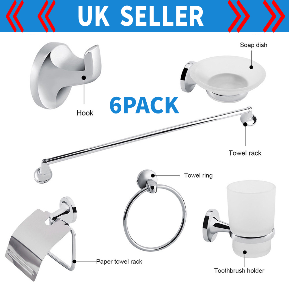 6pcs Wall Mount Bathroom Toilet Accessory Set Towel Rack Toothbrush Paper Holder