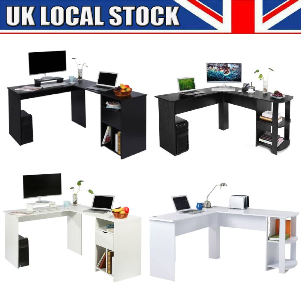 Pc Computer Office Desk Corner L Shape White Black Table
