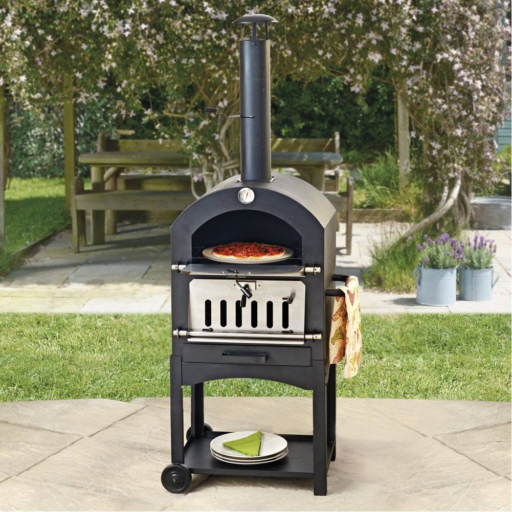 Outdoor Steel Pizza Oven With Stone Wood Fired Bbq Grill Black
