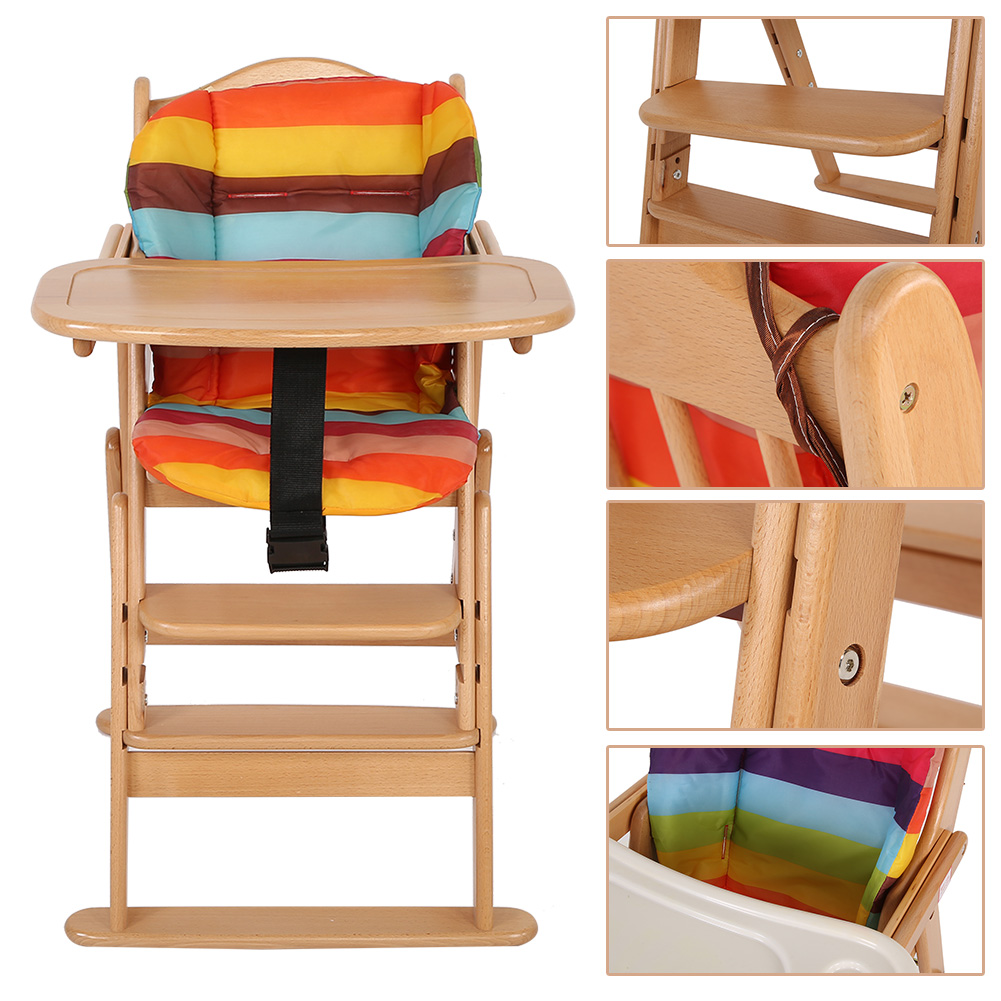 Wooden Baby Foldable High Chair Highchair W/ Padded Seat Feeding Tray ...