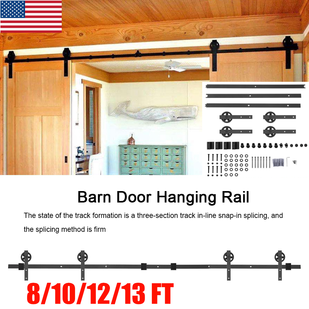 Famus Barn Door Hanging Rail 12FT Sturdy Carbon Steel Double Door Splicing Round Wheel Three-Section Track for Sliding Closet Cabinet Barns-Both Exterior Interior